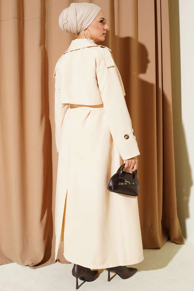 Kruvaze Pelerinli Kuşaklı Trençkot Bej - Resim 3