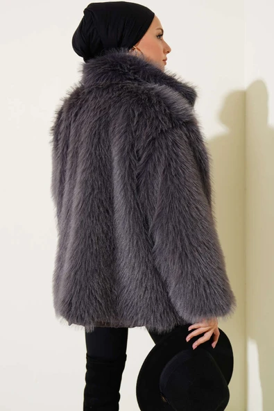 Düğmesiz Astarlı Kürk Füme - Resim 3