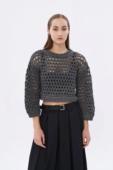 Quzu Sim Detaylı File Kadın Kazak ürün görseli 1