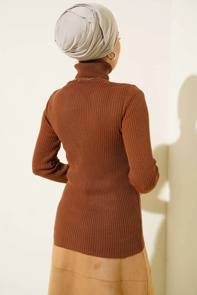 Fitilli Balıkçı Yaka Triko Kazak Taba - Resim 3