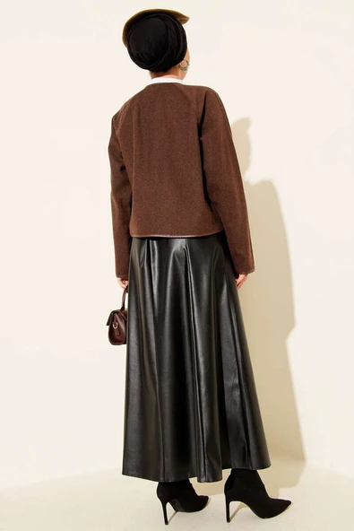 Deri Biyeli Kaşe Kısa Ceket Kahve - 3