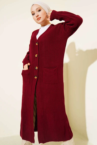 Düğmeli Cepli Uzun Triko Hırka Bordo ürün görseli 1