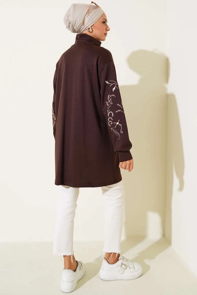 Loyşa Kolları Nakışlı Fermuarlı Hırka Acı Kahve - Resim 3
