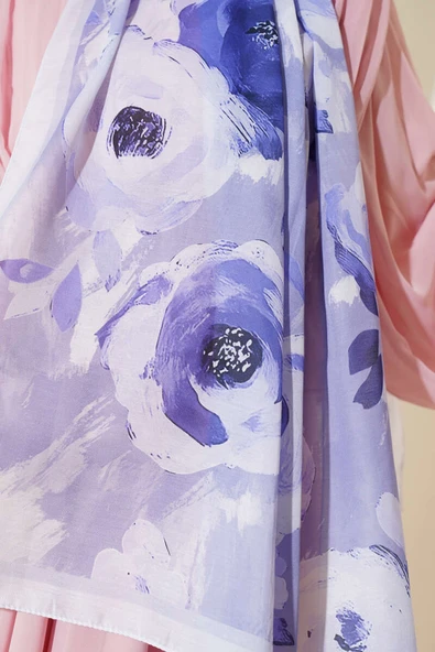 Retro Rose Desen Şal Açık Mor - Resim 4