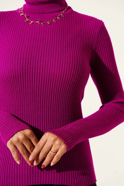 Balıkçı Yaka Parmak Geçirmeli Triko Kazak Mor - Resim 4