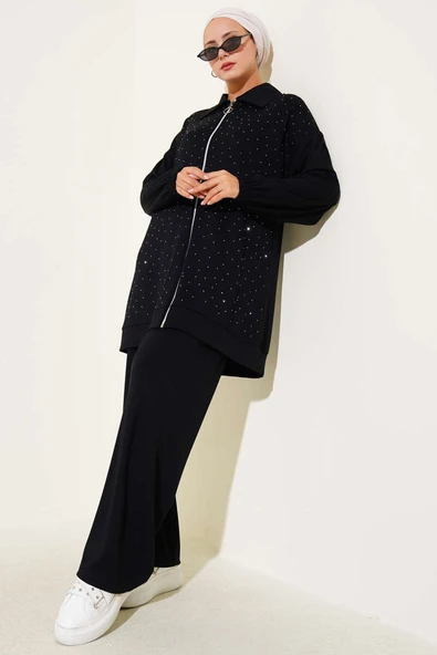 Loyşa Taş Süslemeli Fermuarlı İkili Takım Siyah - Resim 2