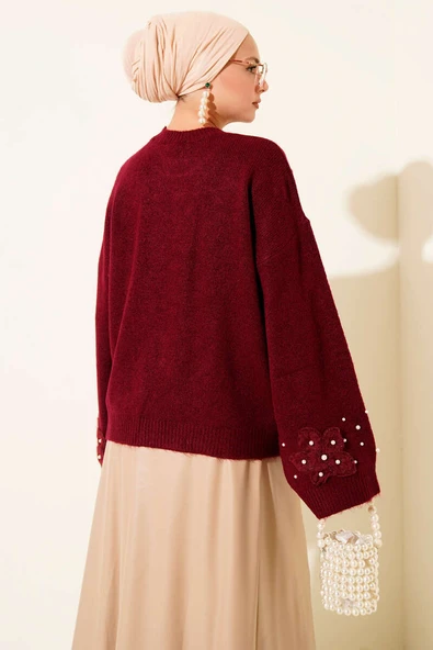 Çiçekli İnci İşlemeli Triko Kazak Bordo - Resim 3