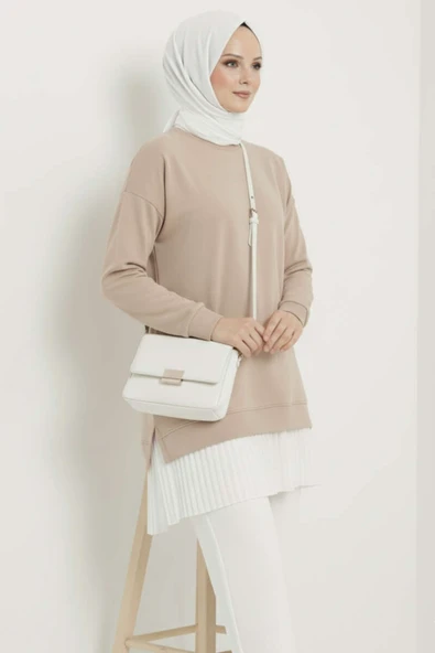 Armalı Alt Eteği Piliseli Tunik Bej ürün görseli
