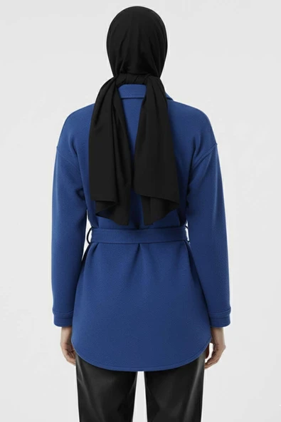 Kuşaklı Düğmeli Kaşe Ceket Saks - 3