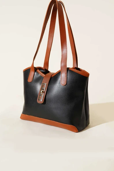 Fermuarlı Kilit Detaylı Kol Çanta Siyah Taba ürün görseli 1