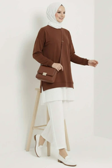 Armalı Alt Eteği Piliseli Tunik Kahve - Resim 2