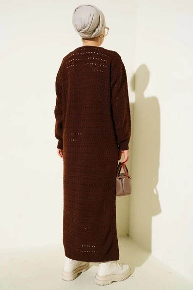 Bağcık Detaylı Uzun Triko Hırka Kahve - Resim 3