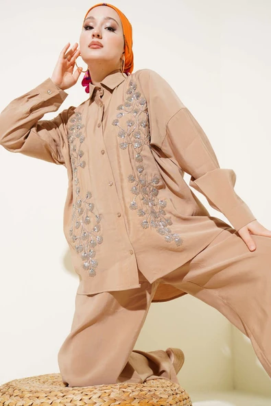 Boncuk İşlemeli Salaş İkili Takım Latte ürün görseli 1