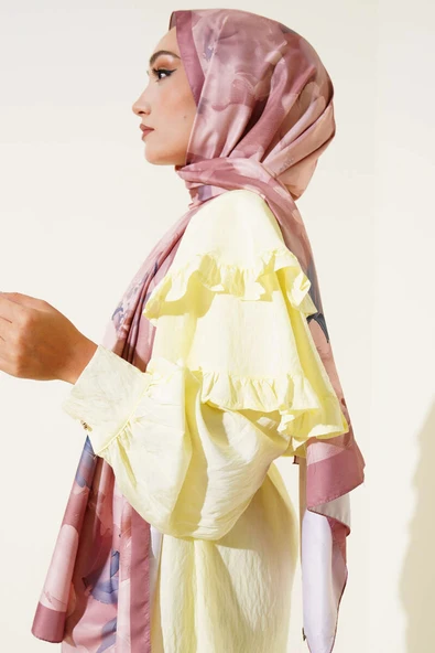 Çiçek Desen Twill Şal Soft Kahve - Resim 3