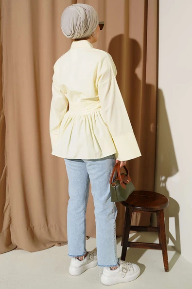 Gizli Düğmeli Bel Kuşaklı Gömlek Sarı - Resim 3