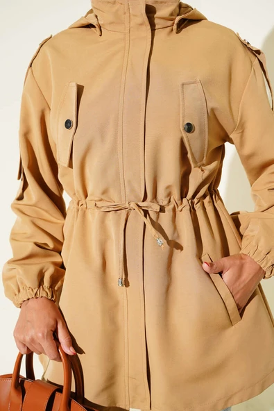 Bel Tünelli Kapüşonlu Trençkot Camel - Resim 4