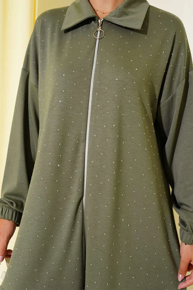 Loyşa Taş Süslemeli Fermuarlı İkili Takım Çağla Yeşili - Resim 4