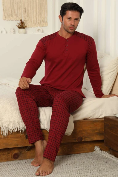 Yaka Düğmeli İnterlok Erkek Pijama Takımı Bordo - Resim 2