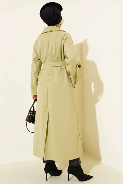 Fitilli Kuşaklı Kaşe Kaban Mint - Resim 3