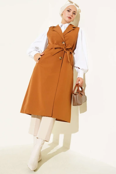 Kuşaklı Sıfır Kol Trençkot Taba ürün görseli 1