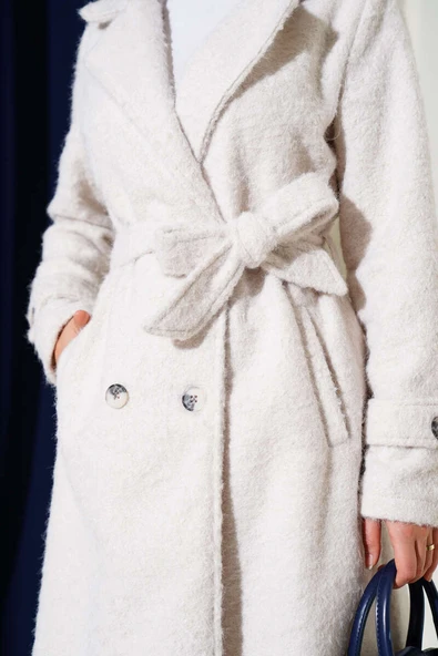 Kruvaze Yaka Kuşaklı Kaşe Kaban Taş - Resim 4