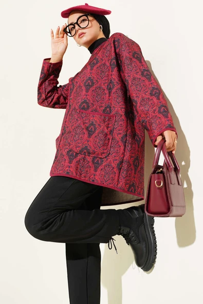 Retro Desen Kapitone Ceket Bordo ürün görseli 1