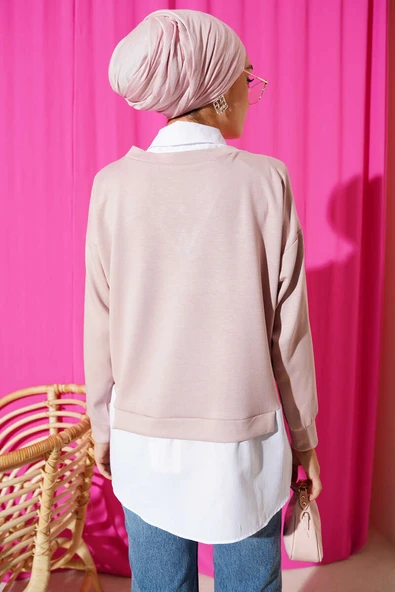 Gömlek Yakalı Granili Tunik Pudra - Resim 3