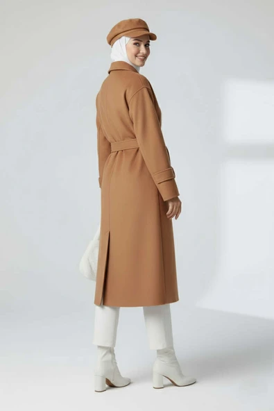 Kuşaklı Düğmeli Kaşe Kaban Taba - Resim 3