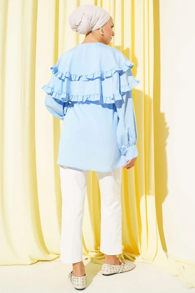 Fırfırlı Kat Kat Yakalı Gömlek Mavi - Resim 3