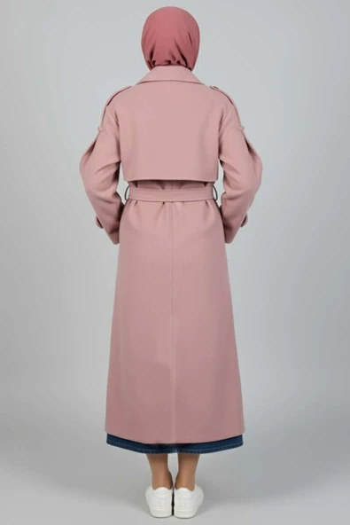 Kuşaklı Düğme Detaylı Kaşe Kaban Pudra - Resim 3