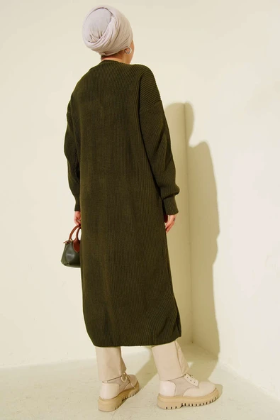 Düğmeli Cepli Uzun Triko Hırka Haki - Resim 3