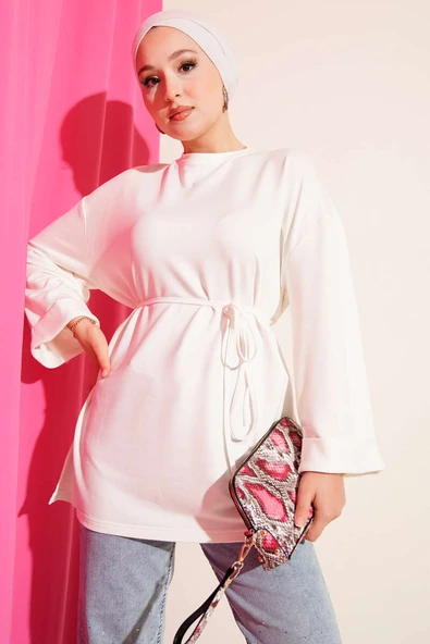 Loyşa Yan Yırtmaçlı Kuşaklı Tunik Ekru ürün görseli