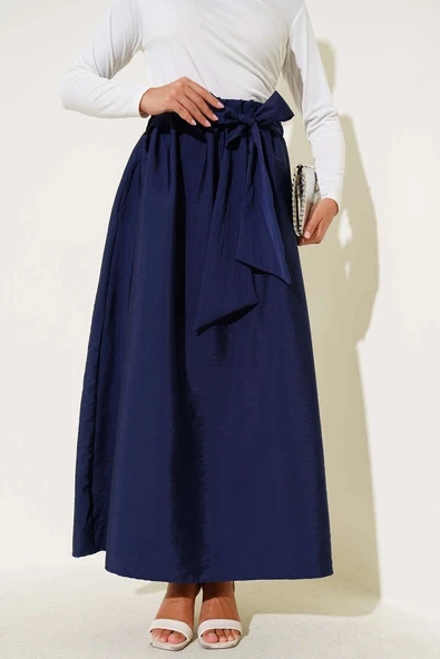 Kendinden Kuşaklı Kloş Etek Lacivert ürün görseli 1