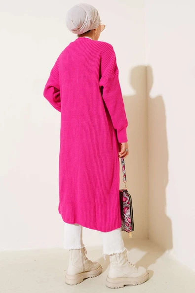 Düğmeli Cepli Uzun Triko Hırka Fuşya - Resim 3