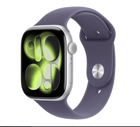 Apple Watch Seri 11 Gps, 46 mm Gümüş rengi Alüminyum kasa ve Sis moru Spor kordon - M/l ürün görseli