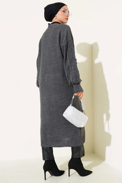 Taşlı Düğmeli Triko Hırka Füme - Resim 3