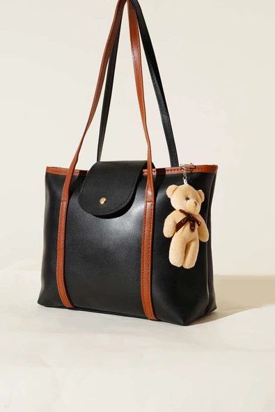 Çıtçıt Detaylı Ayıcıklı Kol Çanta Siyah Taba ürün görseli 1