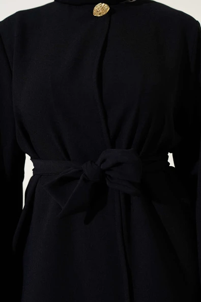 Tek Düğmeli Kuşaklı Dabıl İkili Takım Siyah - Resim 4