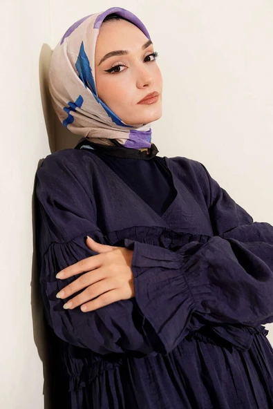 Çiçekli Şeritli Bambu Kraş Eşarp Mor ürün görseli 1