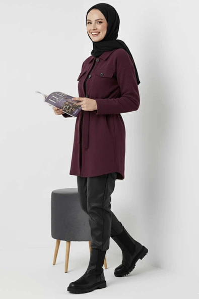 Kuşaklı Düğmeli Kaşe Ceket Mor - Resim 2