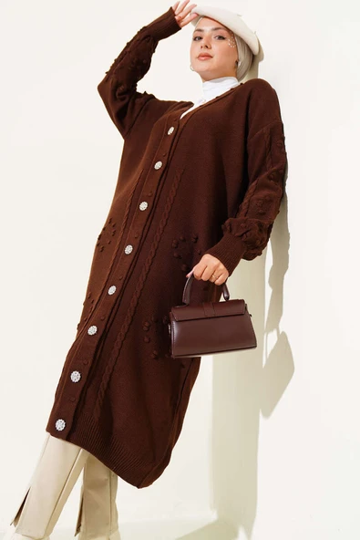 Taşlı Düğmeli Triko Hırka Kahve - Resim 2