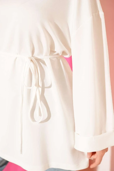 Loyşa Yan Yırtmaçlı Kuşaklı Tunik Ekru - Resim 4