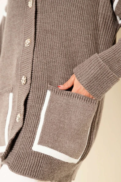 Cepli Gold Düğmeli Triko Hırka Vizon - Resim 4