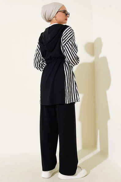 Loyşa Çizgi Garnili Bel Tünelli İkili Takım Siyah - Resim 3