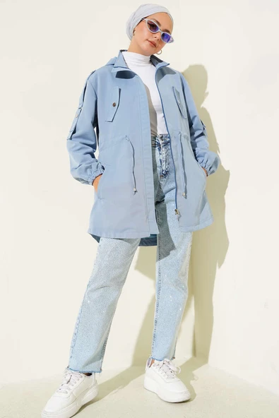 Bel Tünelli Kapüşonlu Trençkot Mavi - Resim 2