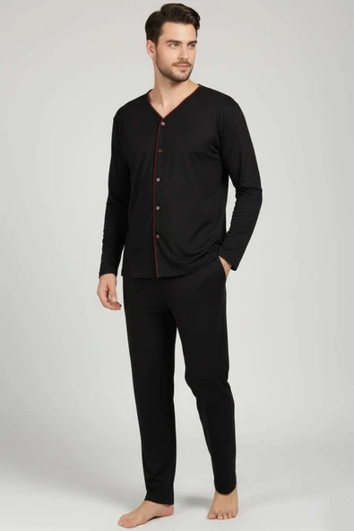 Düğmeli Büyük Beden İnterlok Erkek Pijama Takım Siyah ürün görseli 1