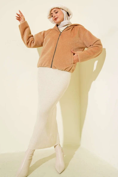 Kapüşonlu Kısa Kaşe Ceket Camel - 2