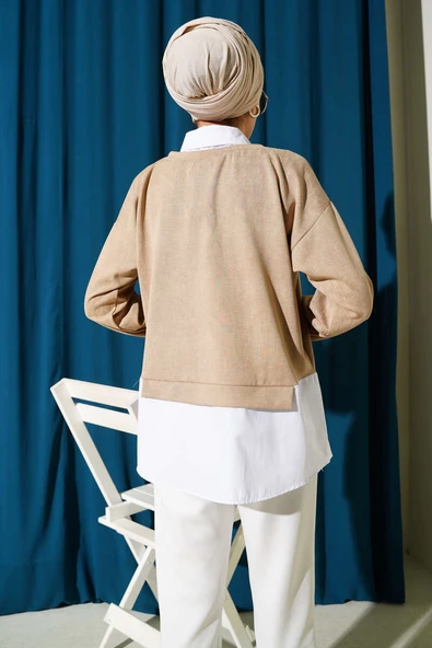 Gömlek Yakalı Granili Tunik Bej - Resim 3