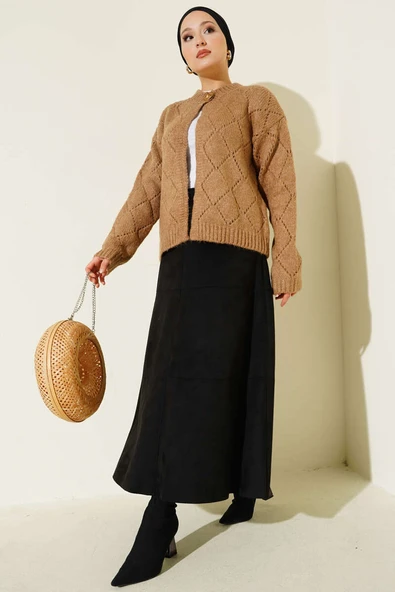 Delikli Baklava Desenli Triko Hırka Latte - Resim 2