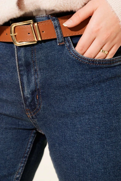 Kemerli İspanyol Paça Kot Pantolon Mavi - Resim 4